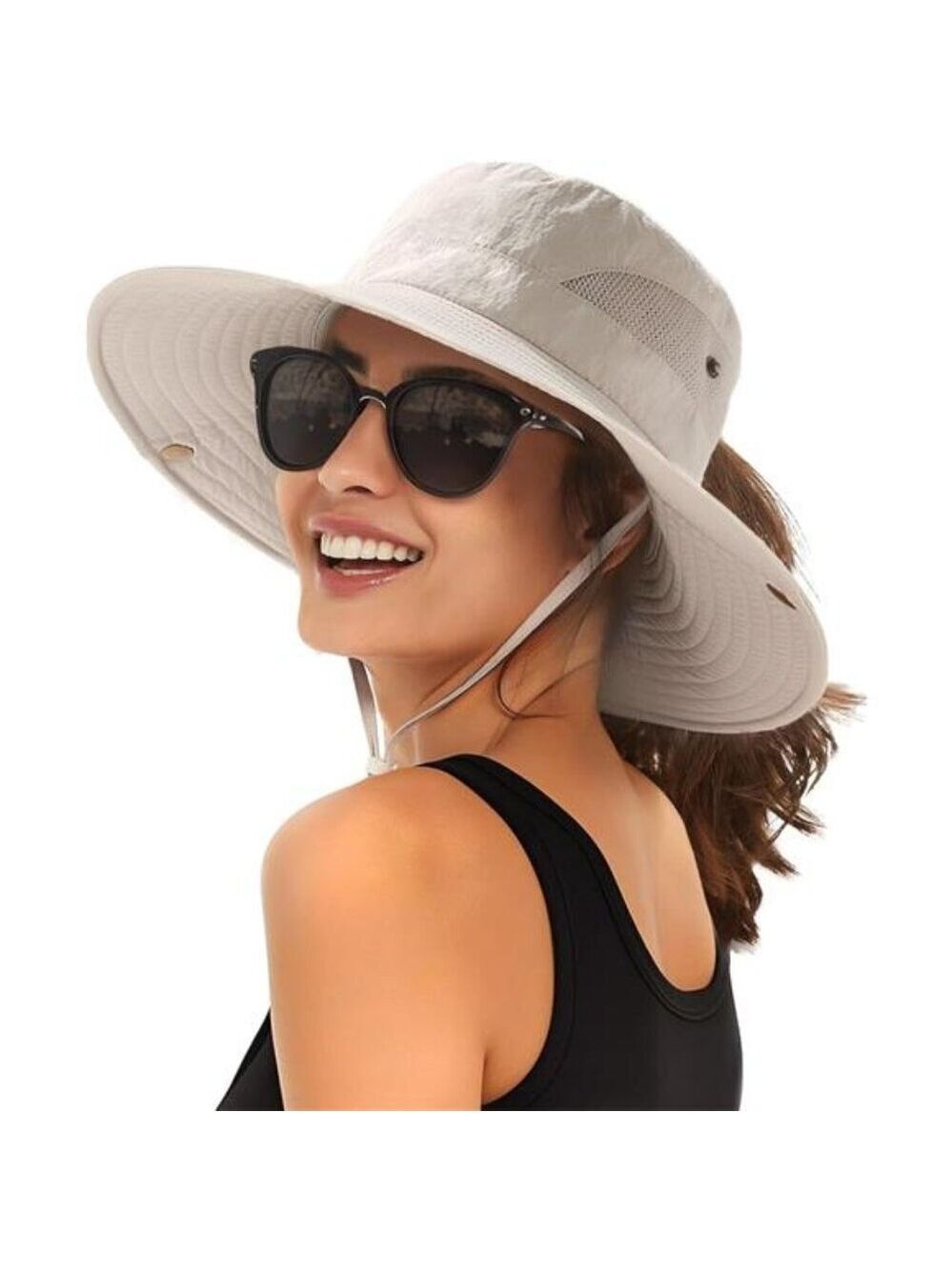 Womens Sun Hat UPF 80 Wide Brim Beach Hiking Outdoor Foldable Ponytail Hole Hat